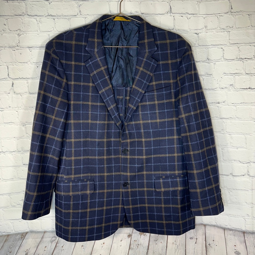 Robert Talbott Carmel Wool Cashmere Windowpane Plaid Sport Coat Blazer 42T Navy